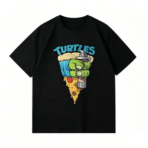 Men's Ninja Turtle Pizza Smash Cotton Sports T-Shirt - Retro Comic Style Graphic, Fun Green Character Print, Black Sport Top