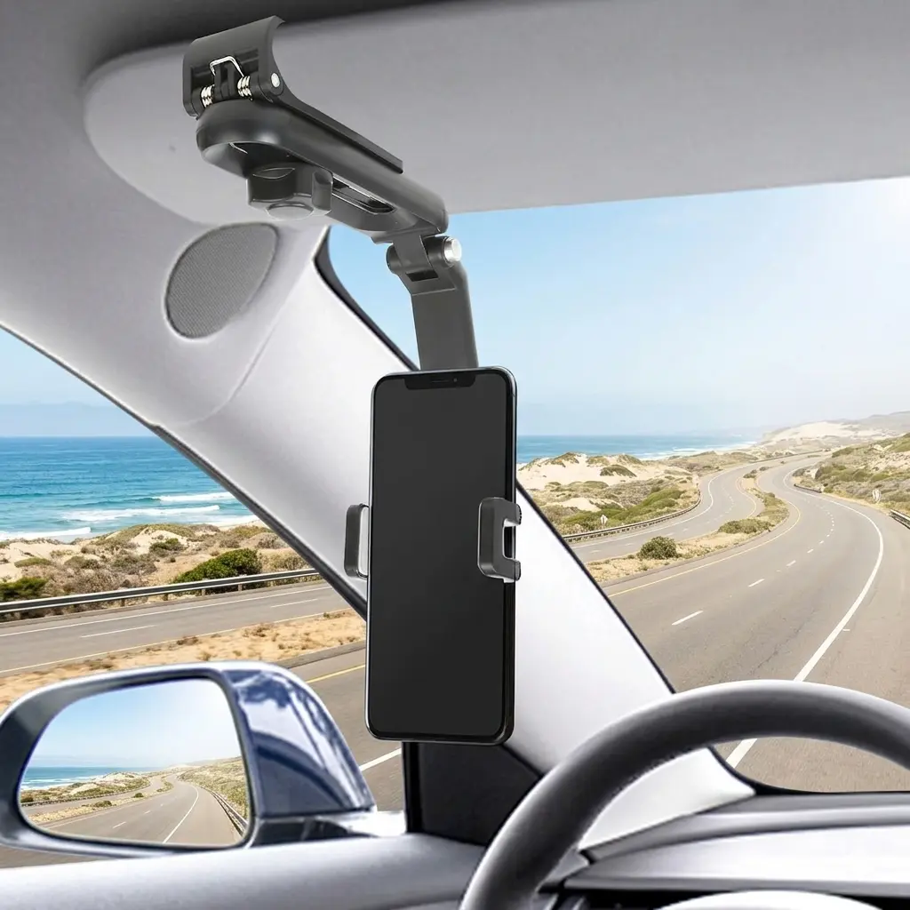 Universal 1080° Rotating Sun Visor Phone Holder for Car, Multi-scene Car Phone Mount for Navigation, Retractable & Adjustable Hands-Free Stand for Driver & Co-pilot, Secure & Stable Dashboard Holder Fit for iPhone, Samsung, Android Smartphones