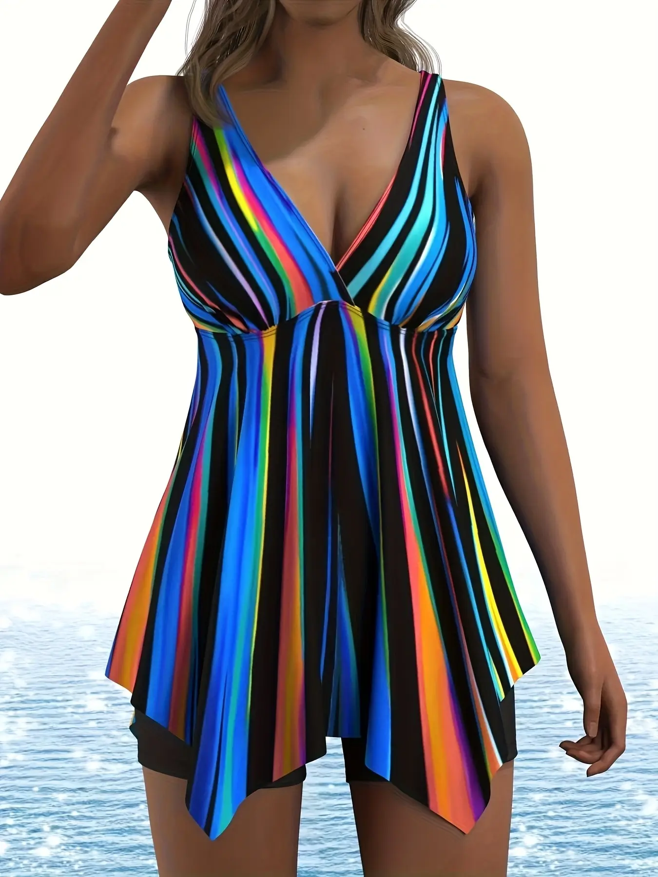 Women's Plus Size Striped Print Swimdress Set, Casual Fitted Beach Cover-Up, All Seasons Swimwear for Summer Beach, Sleeveless Swim Dress, Swimsuit Dress
