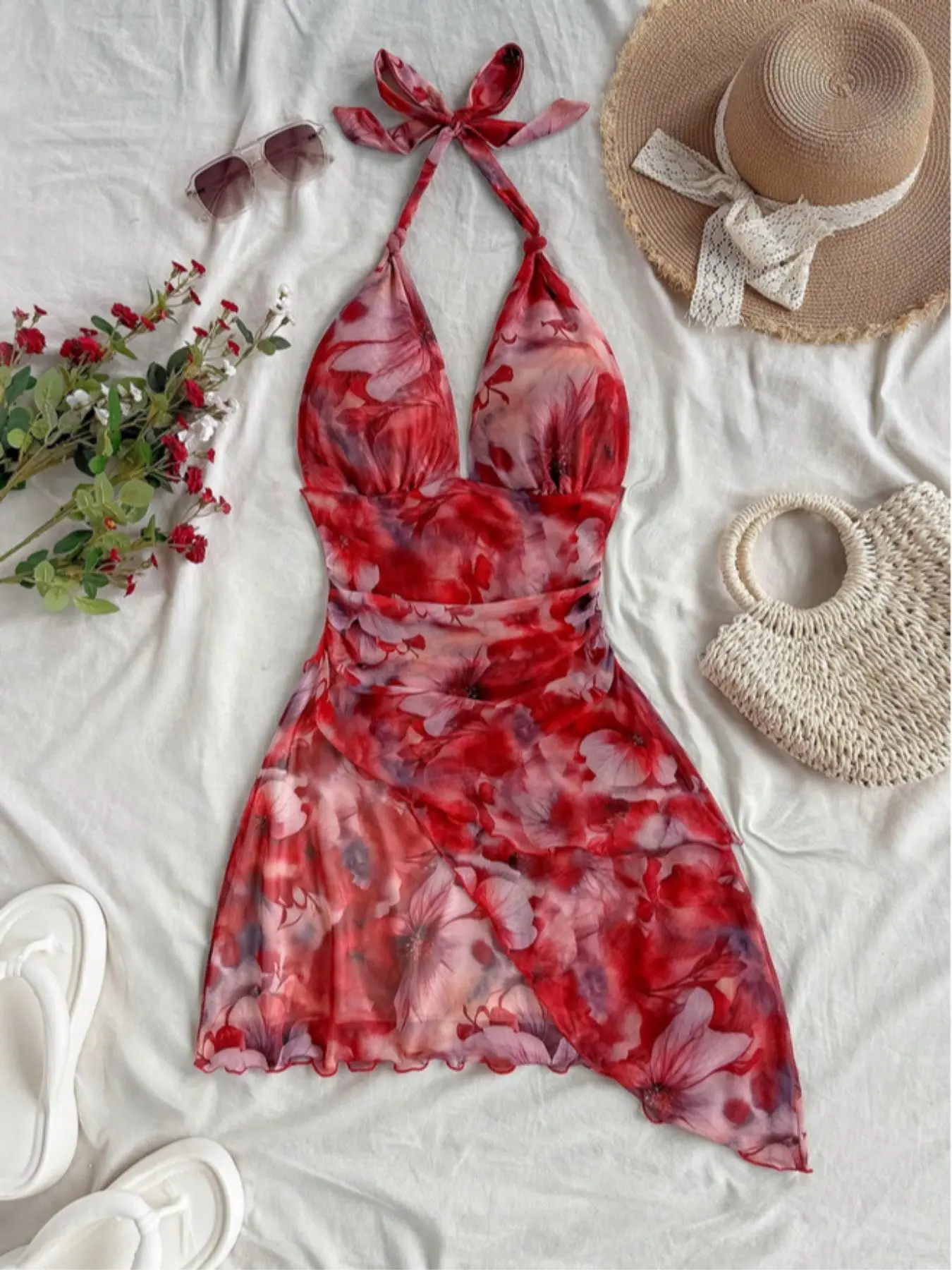 Summer Sexy Romantic Holiday Dress, Women's Vintage-Inspired Halter V-Neck Sleeveless Floral Mini Dress with Asymmetrical Hem, Floral Backless Dress, Floral Prints Dress