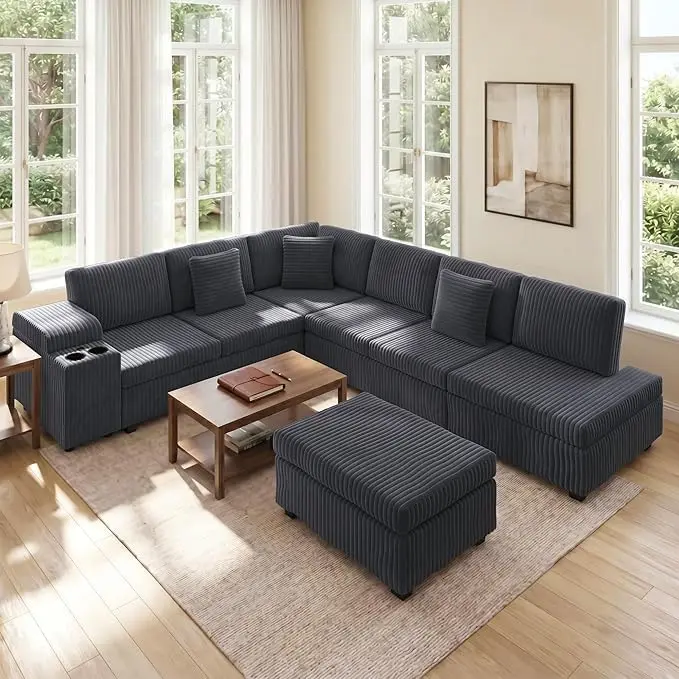 110" L-Shaped Modular Sectional Sofa with Pull-Out Bed, Corduroy Convertible 6-Seater Sleeper Couch Bed with 1 Ottoman & USB Ports & Cup Holders, Sectional Couches for Living Room, Easy Assembly