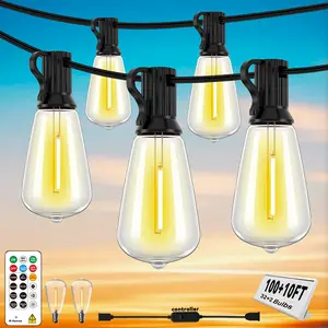 HXWEIYE 100+10FT LED Outdoor String Lights with Remote, Light Sensor Mode & DIY Timer, 32 Shatterproof ST38 Edison Bulbs, Waterproof & Weatherproof for Patios, Gardens, Energy-Saving, Connectable