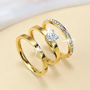 Trendy Stainless Steel Triple Ring Set Women 18K Gold Coated Durable Fade Resistant Stack Rings with Shiny Cubic Zirconia Stones for Everyday Wear