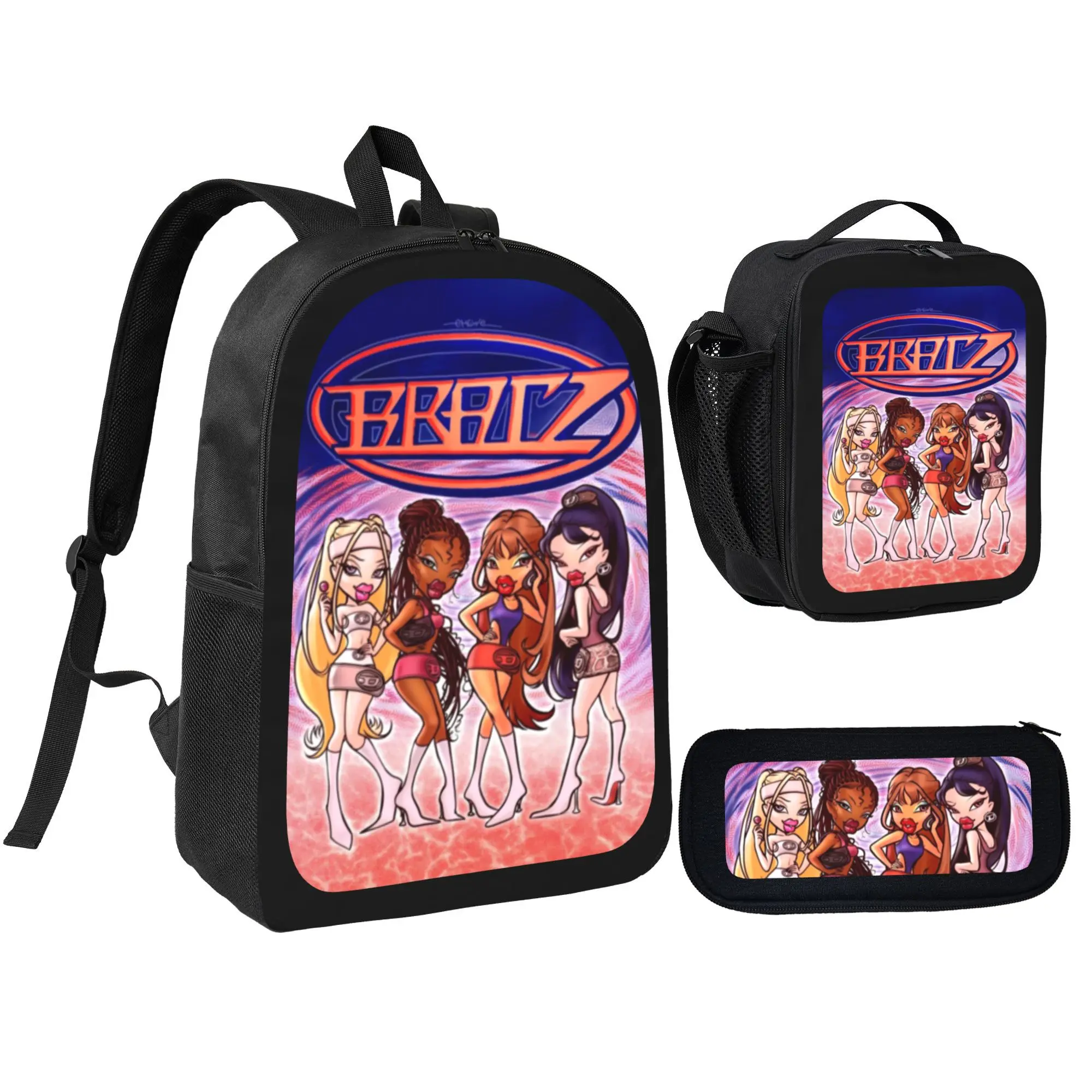 Bratz Inspired Girl's 3-Piece Polyester Casual Multi-Bag Set - Insulated Lunch Bag, School Backpack with Breathable Straps, Thick Padded Mesh Back Panel, Spacious Organized Storage, Lightweight Pencil Case Daily Organizer