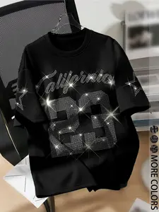 Unisex Short Sleeve Fitted Round Neck T-Shirt, Classic Rhinestone Letter Graphic Print Design, Fashionable Youth Style, Casual Summer Wear, Versatile New Arrival
