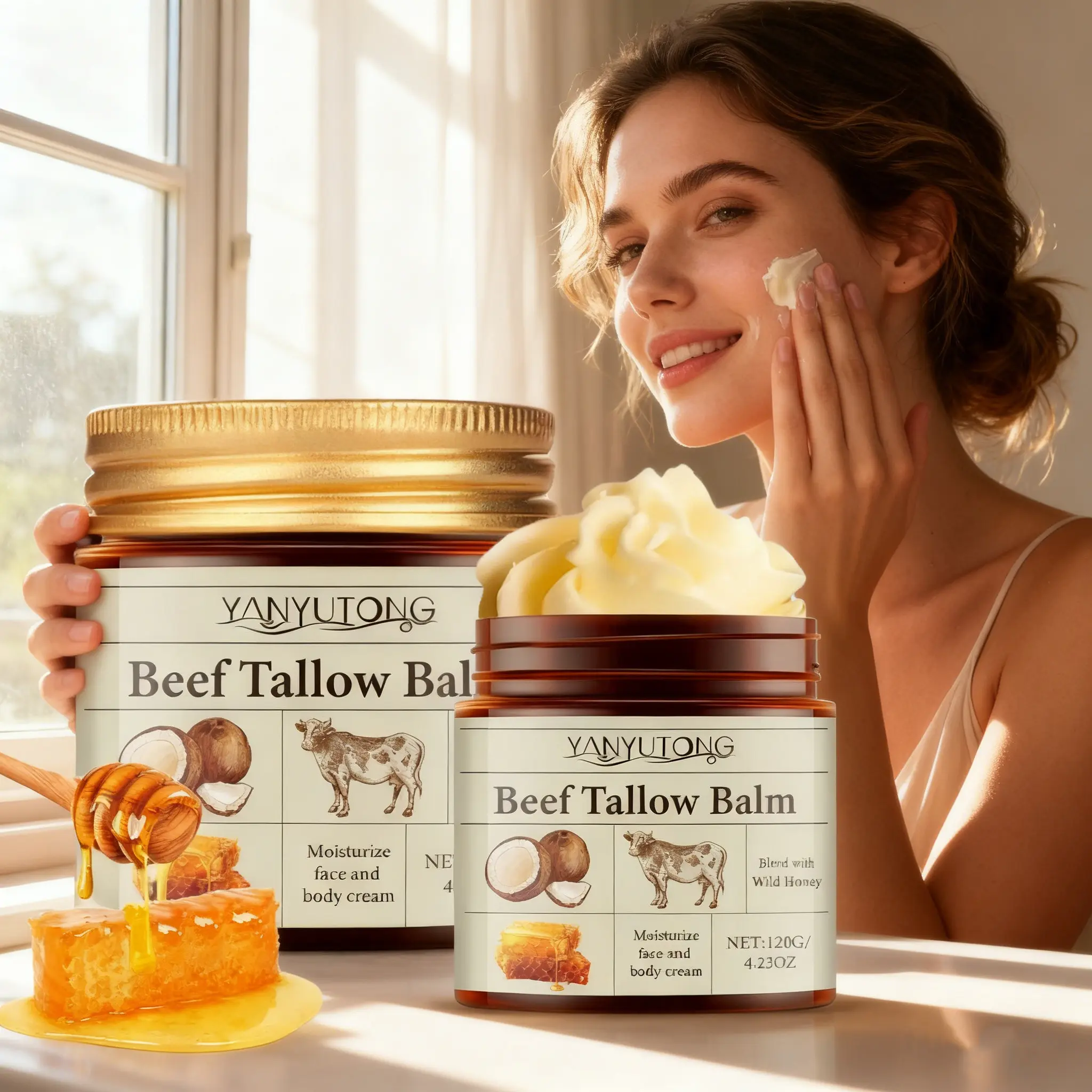 2 Packs (120g each) Beef Tallow Cream, Core beef tallow blended with honey, coconut & olive oil, gentle for all skin types, 4-season use, Deeply Nourishing, Deeply Moisturizing, deeply hydrates, locks moisture, relieves dryness, for full-body care