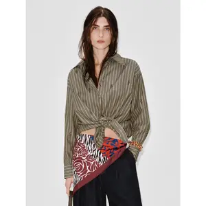 URBAN REVIVO 2026 Spring Women's Brown Striped Casual Retro Cotton-Polyester Blend Mid-Length Long-Sleeve Beaded Button-Up Blouse, UWH260017