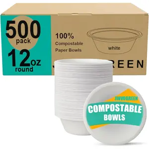 500 Count 12 oz Paper Bowls, Disposable Compostable Bowls Bulk, Heavy Duty Biodegradable Bagasse Bowl For Snacks, Soup, And Salads, White