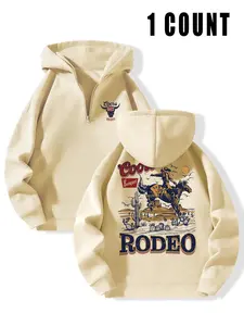 Men's Regular Fit Letter & Cowboy Print Zip Up Thermal Lined Hoodie, Casual Drop Shoulder Long Sleeve Hooded Sweatshirt for Fall & Winter, Casual Fashion Sweatshirt, Men's Clothes for Daily Wear, Mens Clothing