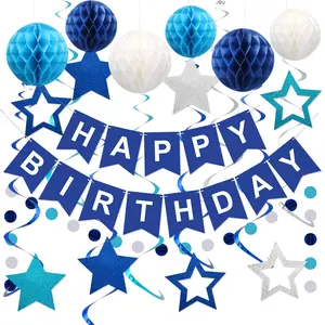Birthday decoration set, featuring a “Happy Birthday” banner with honeycomb balls, hanging stars, twirling streamers, a polka-dot garland, and birthday party decorations