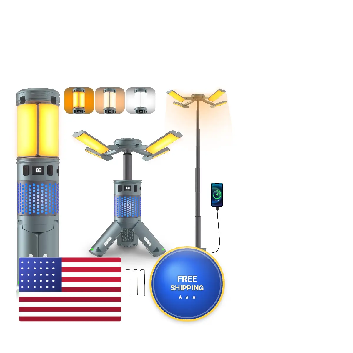 Telescopic LED Camping Lantern on Aluminum Alloy Tripod, Dimmable RGB Multi-Angle Light, 12000mAh Rechargeable Batteries with USB Output