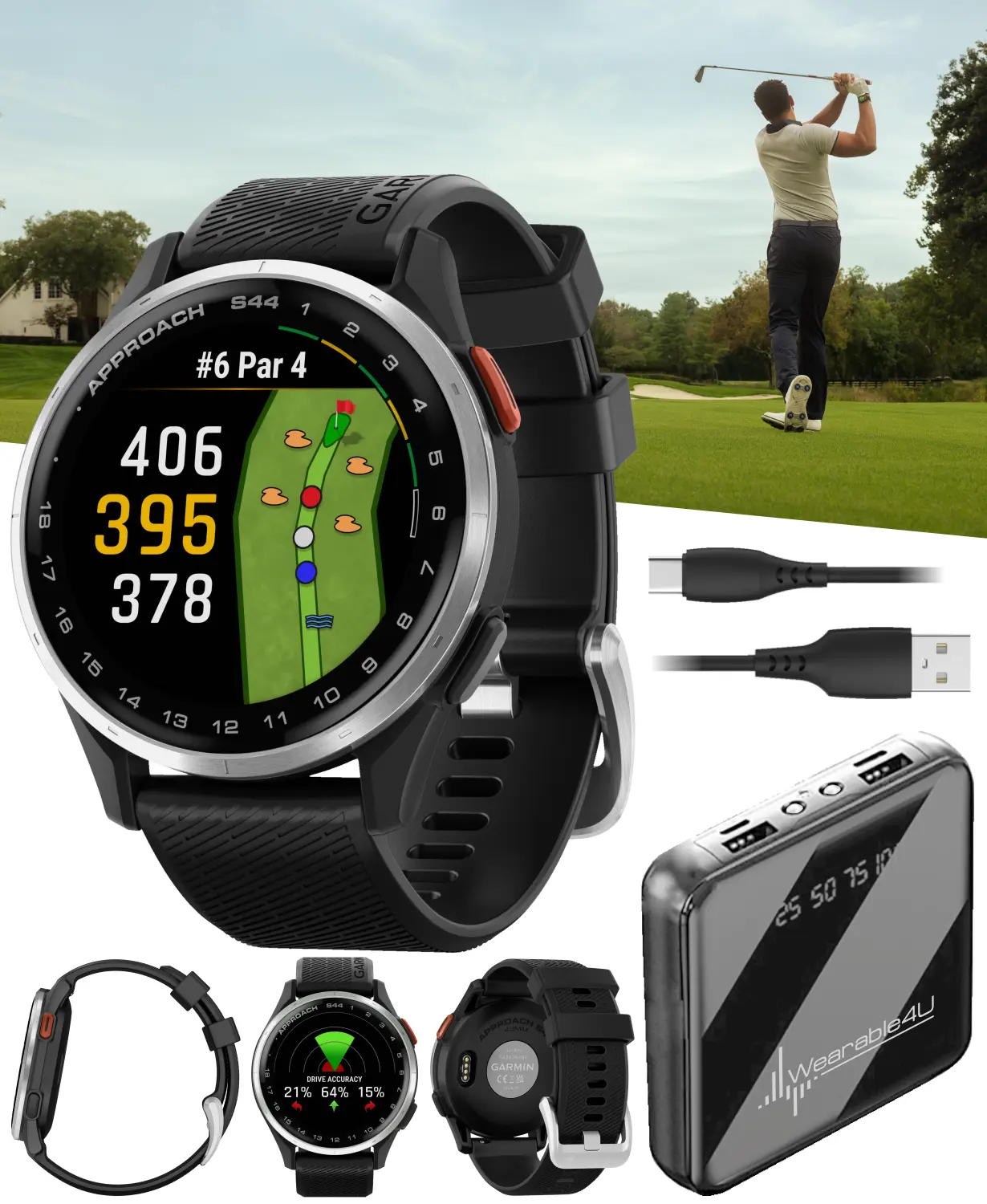 Garmin Approach S44 Round Golf GPS Smartwatch - Wearable Tech with Skinny Wristband, Long-Lasting Batteries, Android & iOS Phone Compatibility, Wearable4U