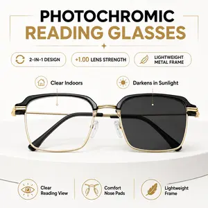 Photochromic Reading Glasses +1.00 for Men Women, Anti Blue Light UV Protection Readers, Black Gold Lightweight Eyeglasses for Work Travel Daily Wear, SummerVibes