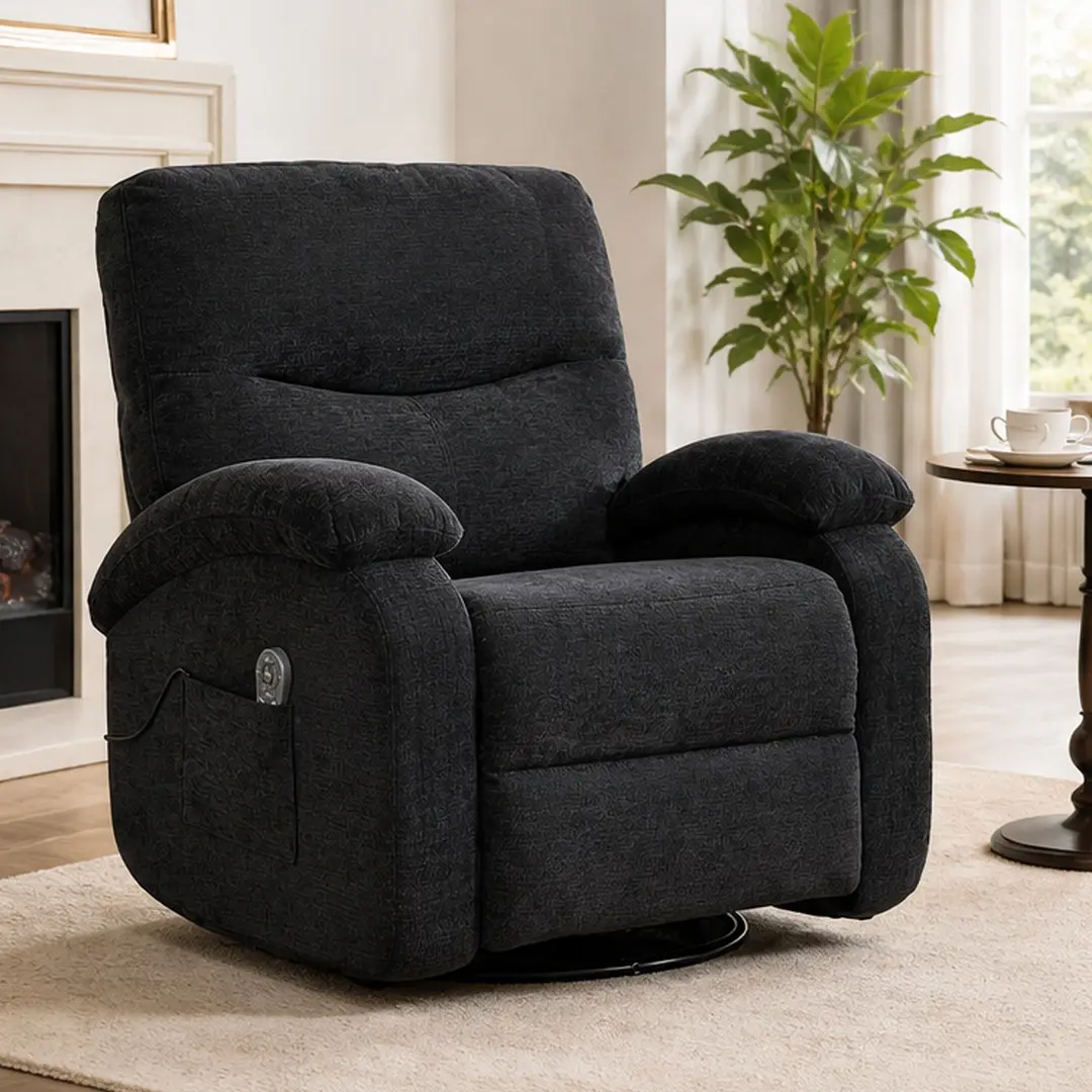 Massage Recliner Chair with Heat and Vibration 8 Nodes Swivel Rocking Living Room Lounge Chair with Cup Holder Pillow Top Arms Polyester Fabric Black Multiple Color Options, Black/Blue/Brown/Grey Color Options, American Design Style