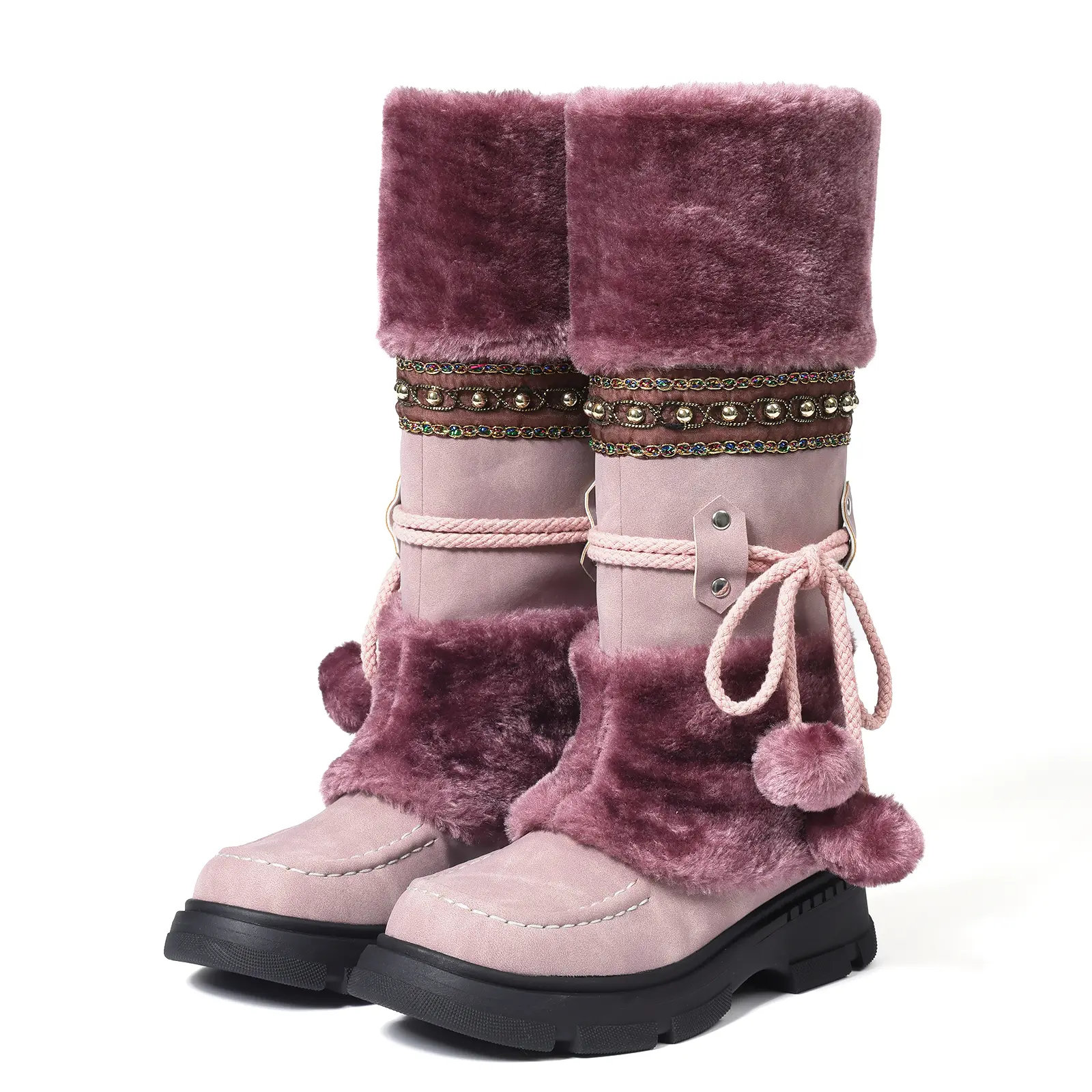 Womens Mid Calf Snow Boots Round Toe Block Heel Pull On Lace Faux Fur Cozy Warm chilly day booty Comfortable Boots Fashion Party Dress Trendy Knight Boots