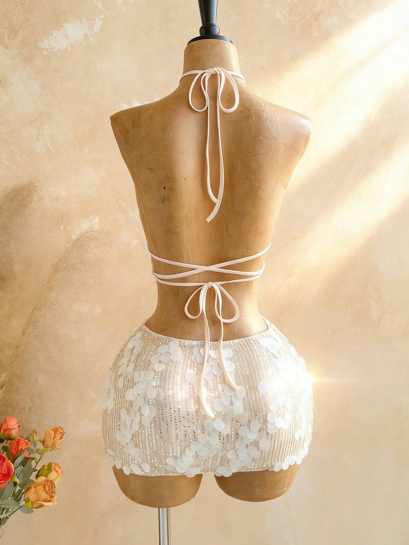 Women's White Sequin Backless Halter Mini Dress | Elegant Sparkly Dress With Chic Open Back And Flattering Fitted Silhouette | Summer Graduation Wedding Guest Party Vacation Festival Date Night Holiday Outfit For Women**