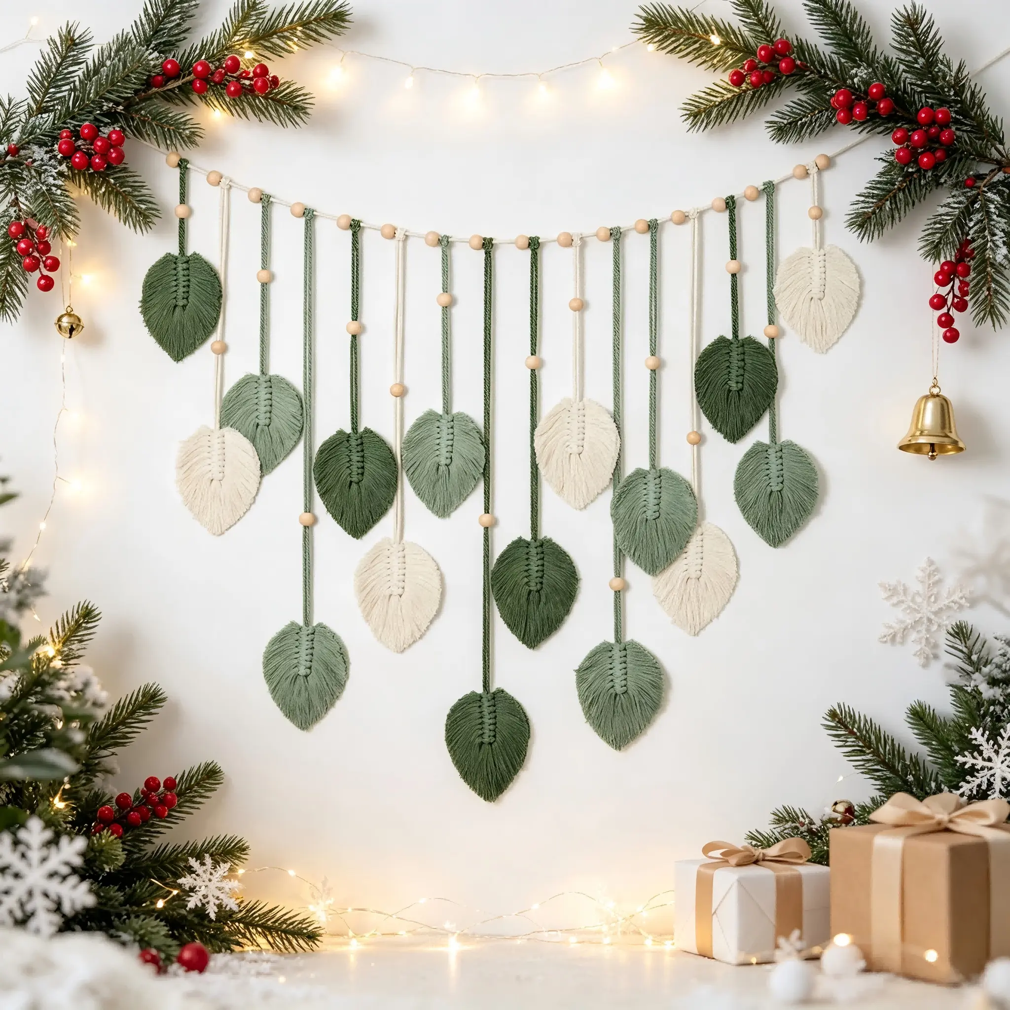 Large Handmade Macrame Leaf Tapestry with Leaf Feathers - Boho Fabric Wall Decor Bedroom, Nursery Room Decor Accessories, Cozy Hanging Pouch Craft - 29x51 in