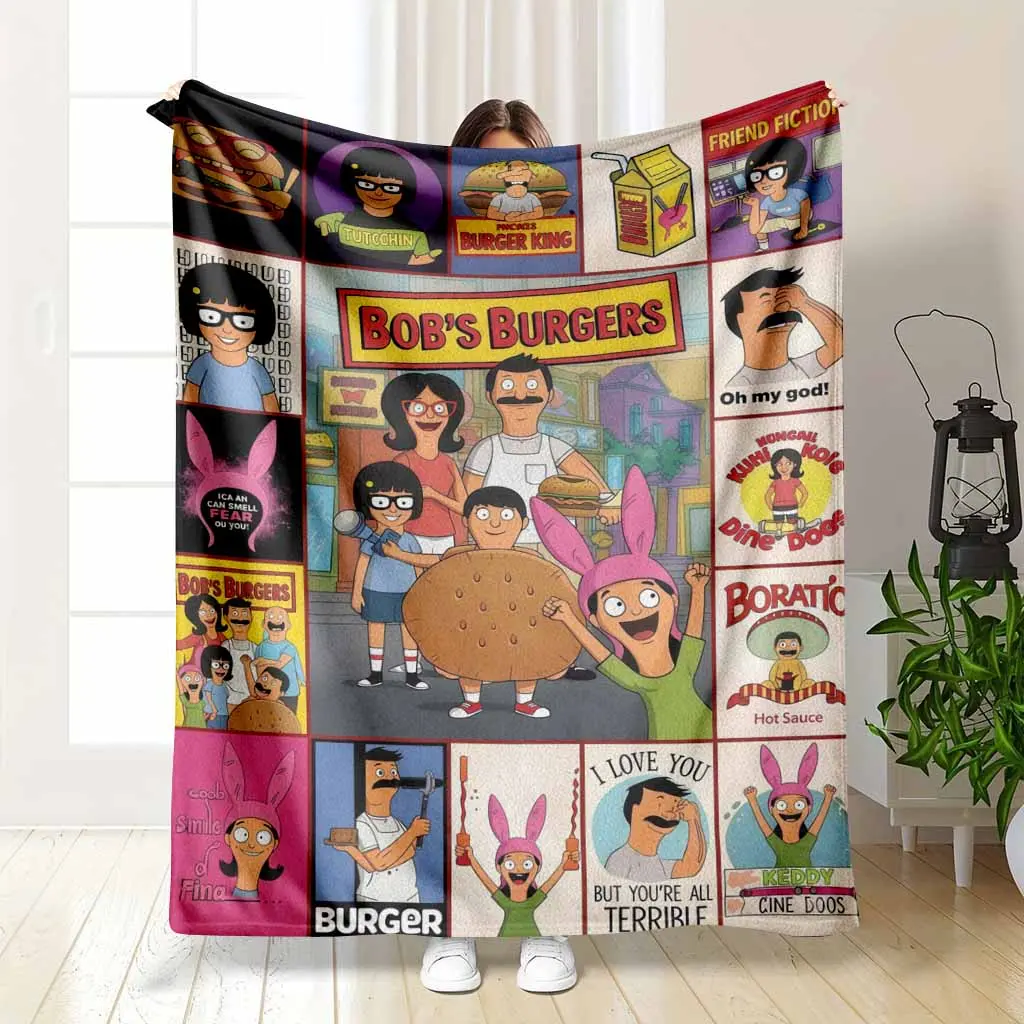 Bob's Burgers Flannel Blanket - Flannel Material, Unique Character Print Belcher Family Collage, Bob Linda Tina Gene Louise Cartoon Mashup Art, Soft Warm Fuzzy Throw for Bedroom, Sofa, Funny Gift, Wrinkle Resistant, All-Season Cozy Layer, Collectibles, Co