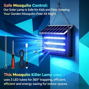 30W Solar Mosquito Killer with 3 LED Tubes, Dual USB & Solar Charging, Hanging or Standing Design for Outdoor Patio and Garden