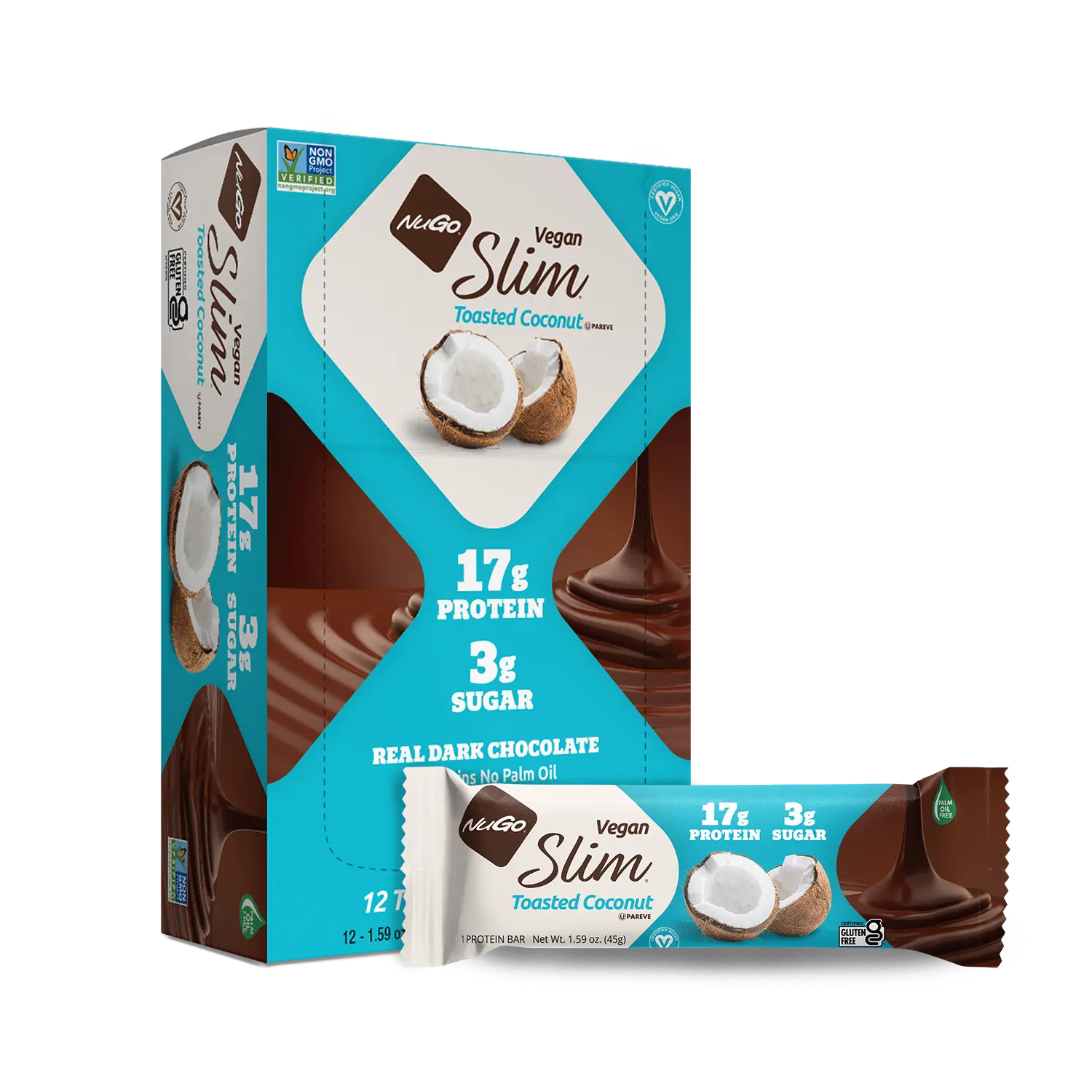 NuGo Slim Dark Chocolate Toasted Coconut, 16g Vegan Protein, 3g Sugar, 7g Fiber, Low Net Carb, Keto Friendly, Gluten Free, 12 Count