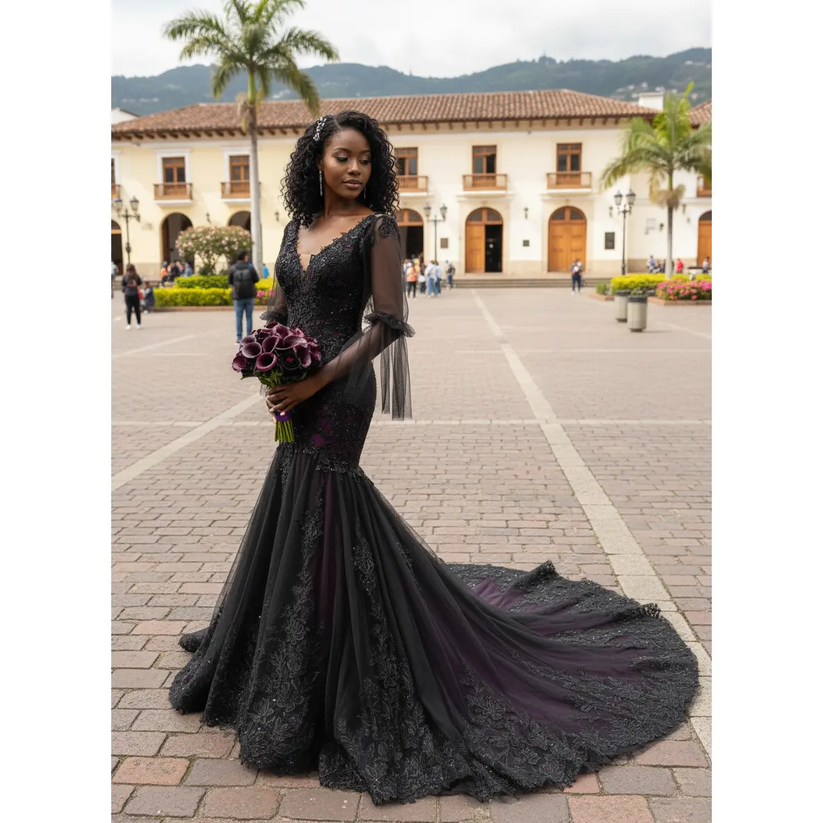 Megan Black and Purple Wedding Dress, Gothic Wedding Dress with sleeves, Trumpet Black Dress, Black Dress, Illusion Back Wedding Dress