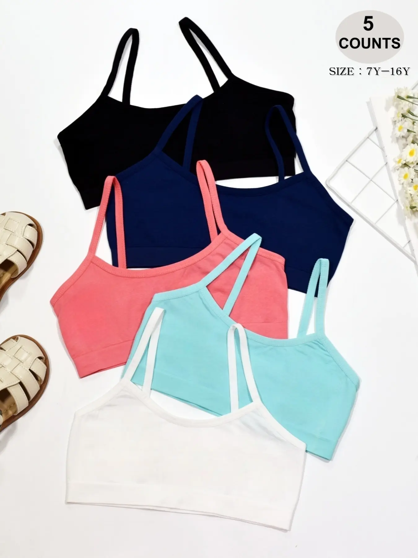 5-Pack Cute Girls Girly Safety Comfortable Solid Color Cami Bras Pastel Underwear, Ideal for Ages 7-16, Perfect for All Season Daily Wear, Tween Bras, Youth Underwear, Teen Bra