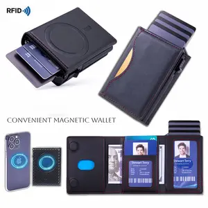 2 styles Genuine Leather Pop-Up Wallet for Men - Men's Business Wallet AirTag Compartment + RFID Blocking + iPhone Magnetic Design | 12 Cards + Cash, Minimalist Wallet for Men,  iPhone Magnetic | 12 Cards + Cash, Minimalist Wallet for Men, Perfect Gift