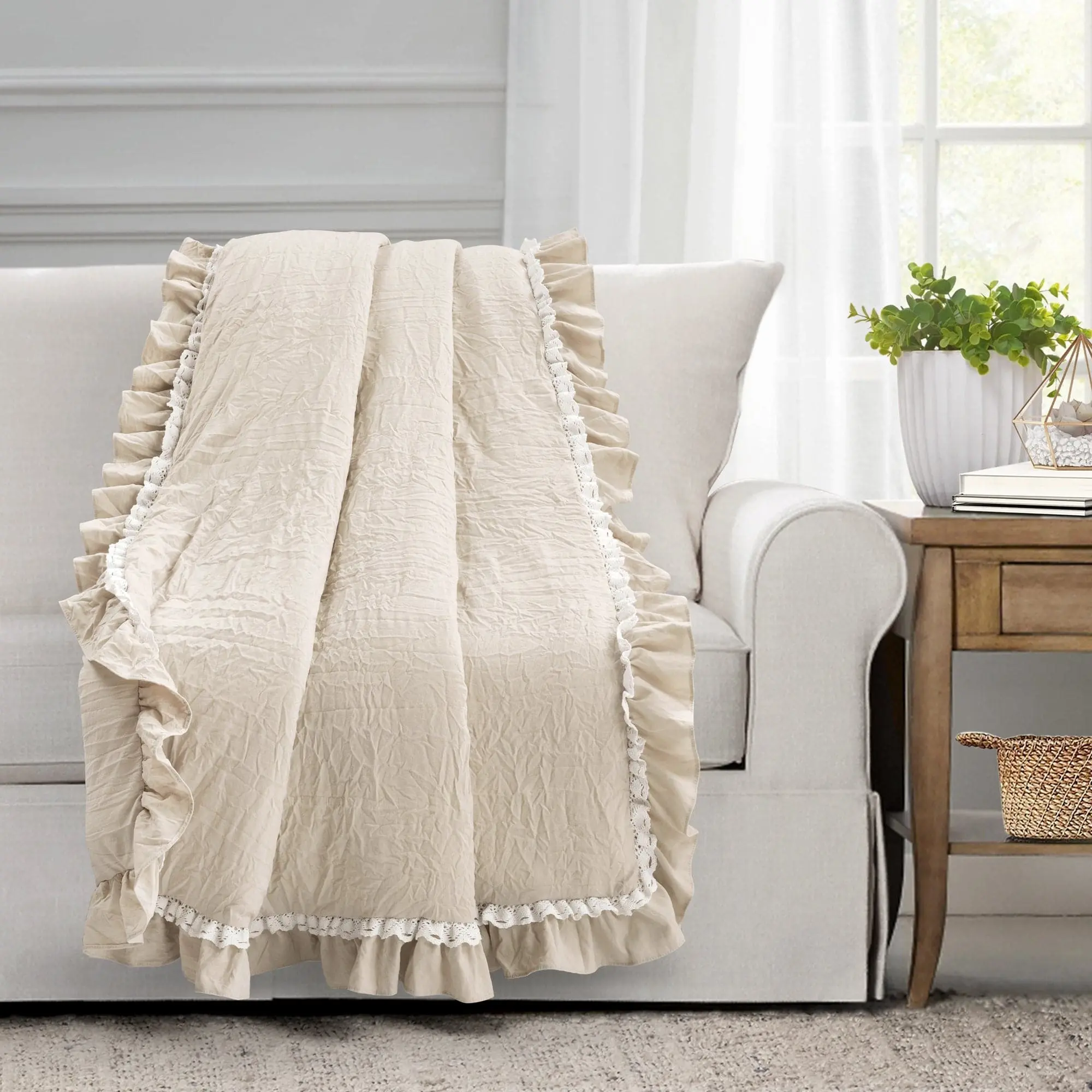 LUSH DECOR Ella Ruffle Lace Throw Thick Warm Blanket 60x50+3" Ruffle Decorative Giftable Blankets Solid Pattern OEKO-TEX® Certified