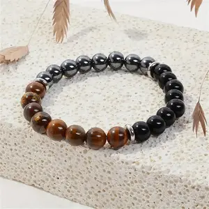 Unisex Natural Tiger Eye-Black Tourmaline-Hematite Beaded Stretch Bracelet, Bracelets for Women, Fashion Jewelry Gift for Mom, Dad, Christmas, Birthday