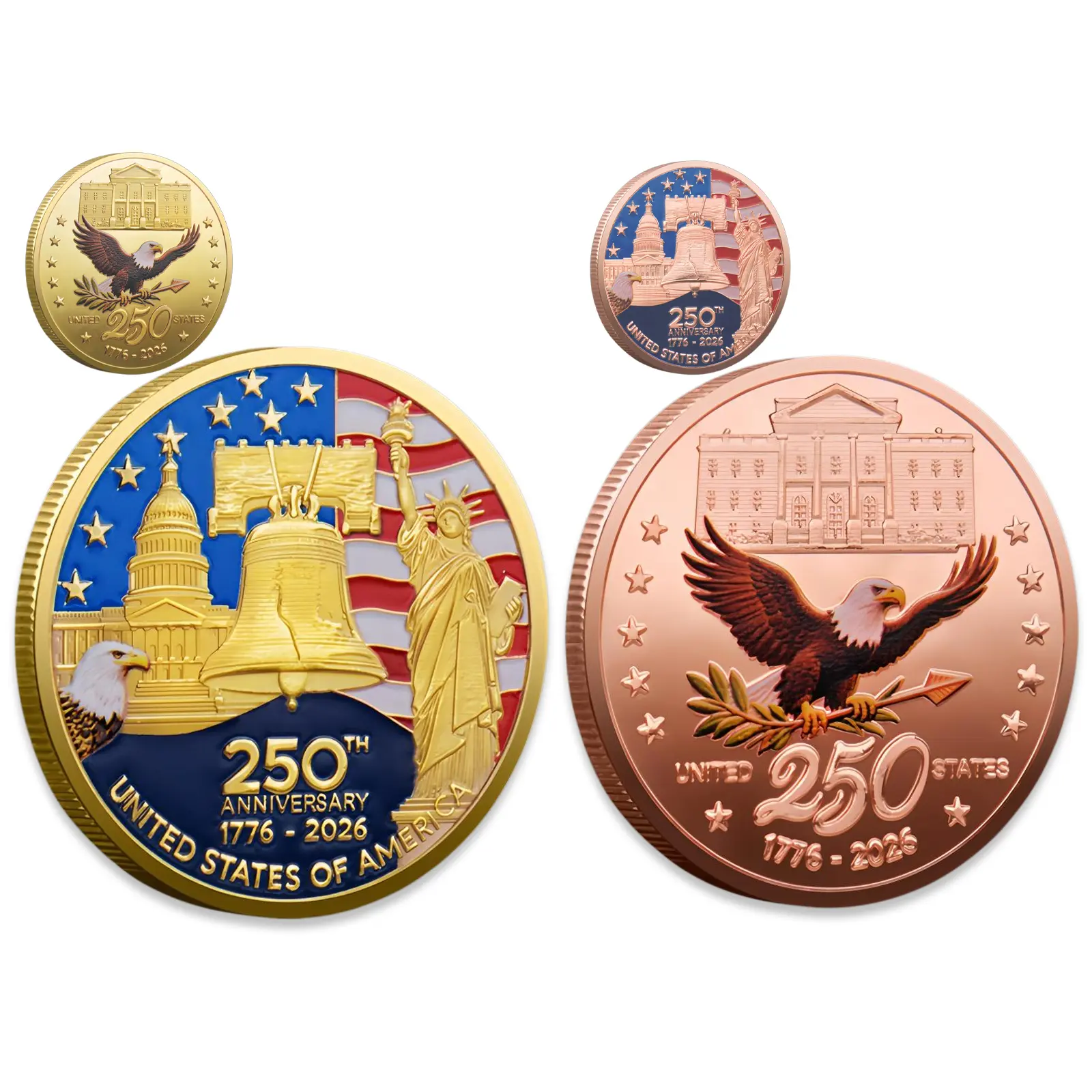 2PCS 250th Anniversary Commemorative Coins - Double-Sided High-Relief Durable Metal (1.57in) with American Flag&Liberty Bell Patriotic Design, Historical Value Collectibles for Display/Gifts, Coin Collector Gifts (Not Legal Tender), American Eagle