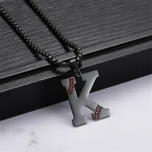 1 count Baseball Initial Necklace A-Z Titanium Baseball Letter Gift, Stainless Steel Letter Pendant for Boys and Girls