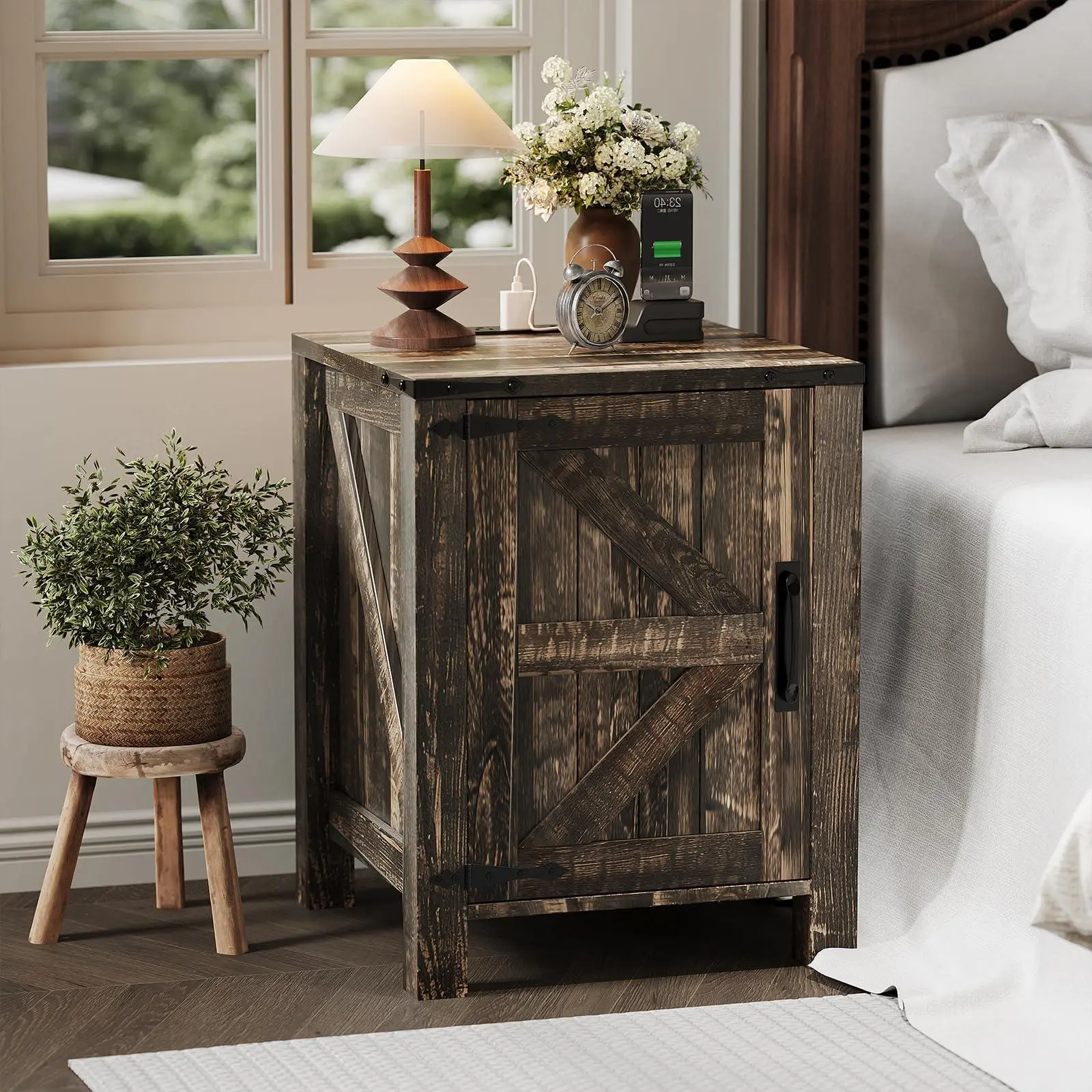 18-Inch Farmhouse Wooden Nightstand with Charging Station, Sliding Barn Doors, Adjustable Shelf and 2-Tier Design, Dark Brown End Table for Bedroom, Living Room