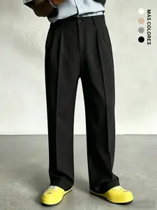Men's Pleated Wide Leg Suit Pants, Casual Loose Fit, Business & Street Style, Mid Waist, Drawstring Waist, All Seasons