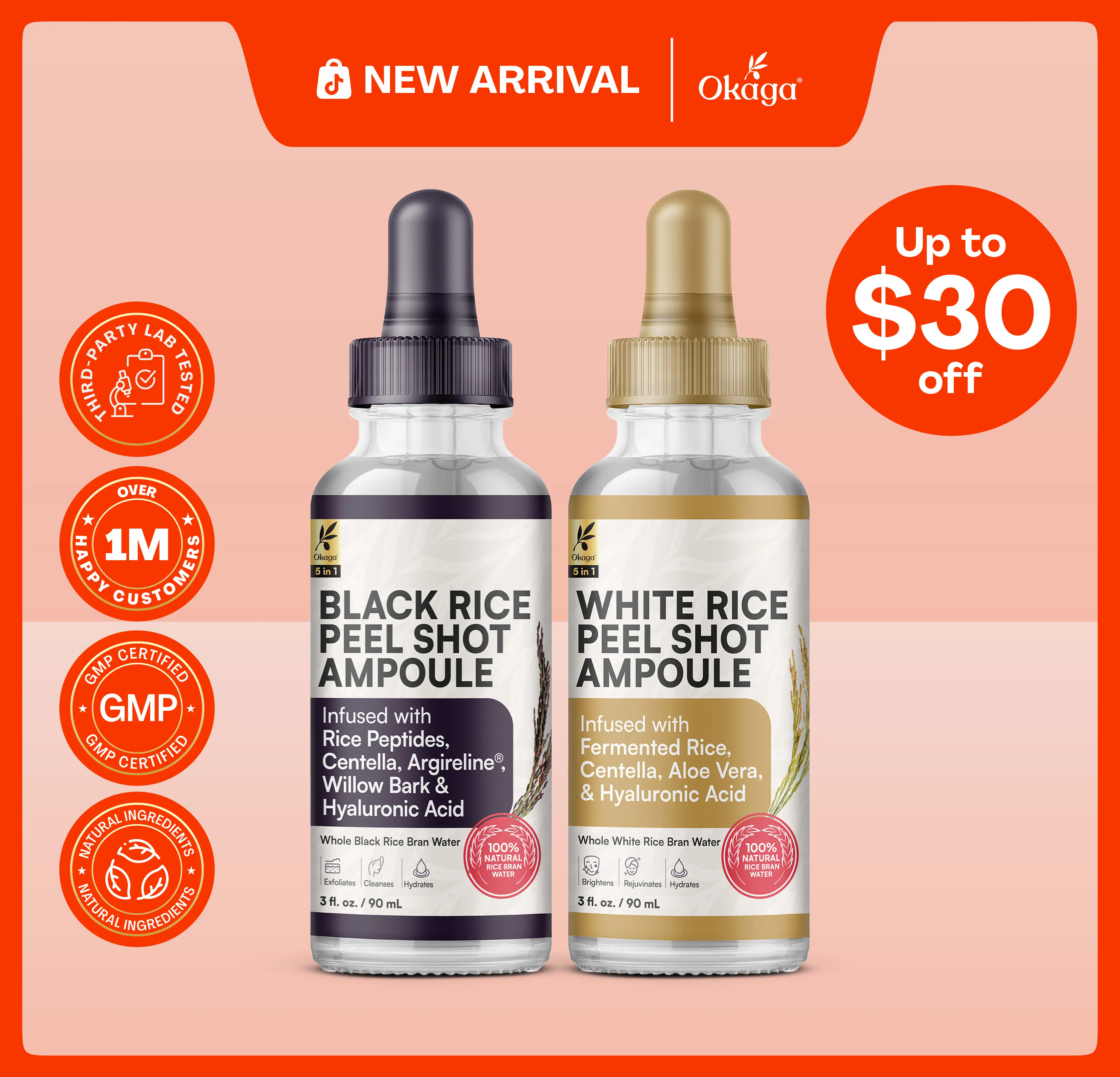 Okaga Natural Rice Peel Shot Ampoule Duo - 100% Organic Serums for Brightening, Exfoliating, and Moisturizing - Suitable for All Skin Types - Chemical Free