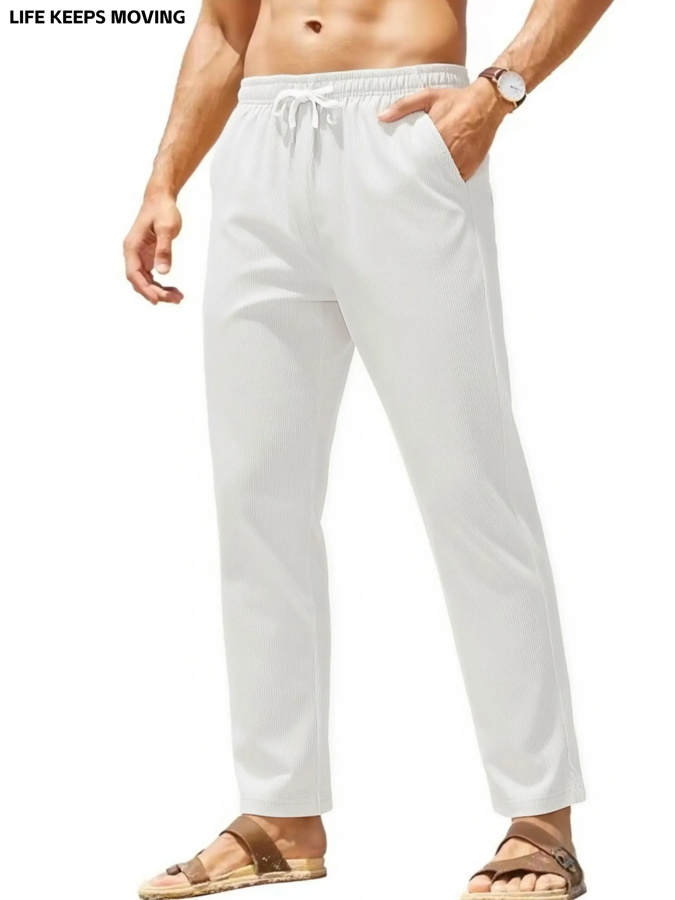 LIFE KEEPS MOVING Men’s Casual Pants Elastic Waist Lightweight Casual Pants Regular Fit Lightweight Breathable Comfortable Yoga Beach Pants With Pockets Men’s Clothing Pants Everyday Wear