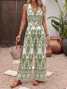 Boho Style Print Romper, Tie Back Halter Neck Bodysuit, Waist Cinch Fitted V-Neck Playsuit, Loose Wide Leg Pants, Women's Summer Vacation Outfits, Womenswear, Bohemian
