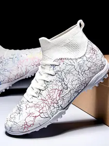 Sporty Men's All Over Print Lace Up High Top Football Shoes, Sporty Breathable Comfortable Spiked Soccer Shoes, Football Cleats for Training & Competition, Turf Shoes, Football Boots, Sports Shoes