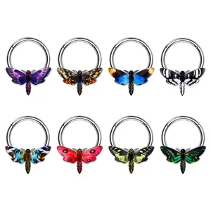 Oufer 16G Hawk Moth Multi Colors Hinged Clicker Septum Ring 316L Stainless Steel