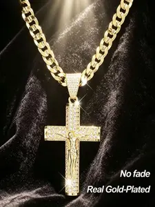 14k gold plated Cuban, Figaro, Miami Jesus Cross, 24 inches long and 6mm wide, hand polished and multi plated necklace for daily wear, give to yourself, give to friends and lovers
