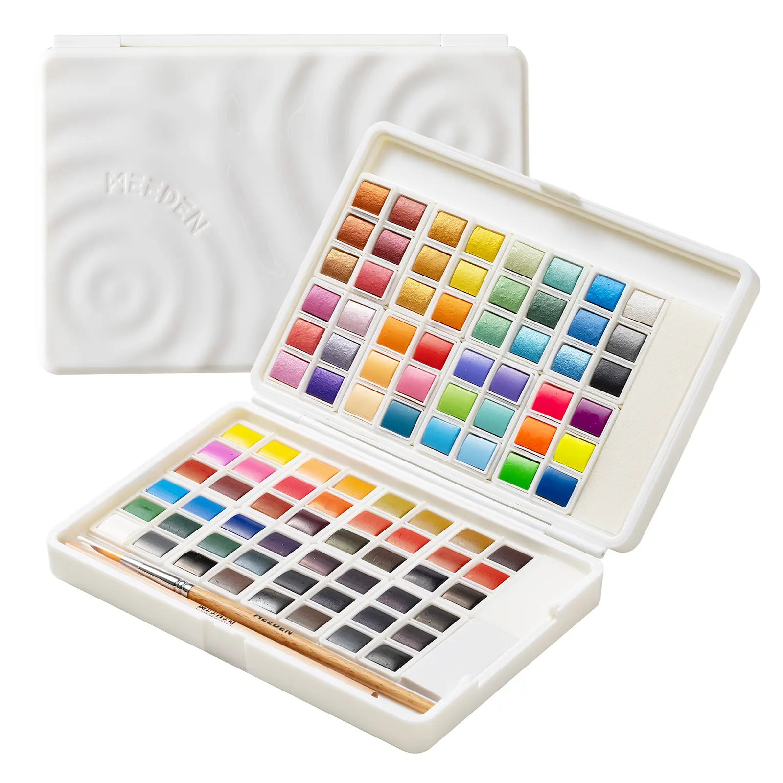 MEEDEN Art Watercolor Paint Set - 48/96 Fluorescent Vivid Colors, Partitioned Portable Box, Detail Paint Brush, Mixing Aid, Transparent Washes Shine, Art School Supplies, Gift for Artists, Pigment Rich