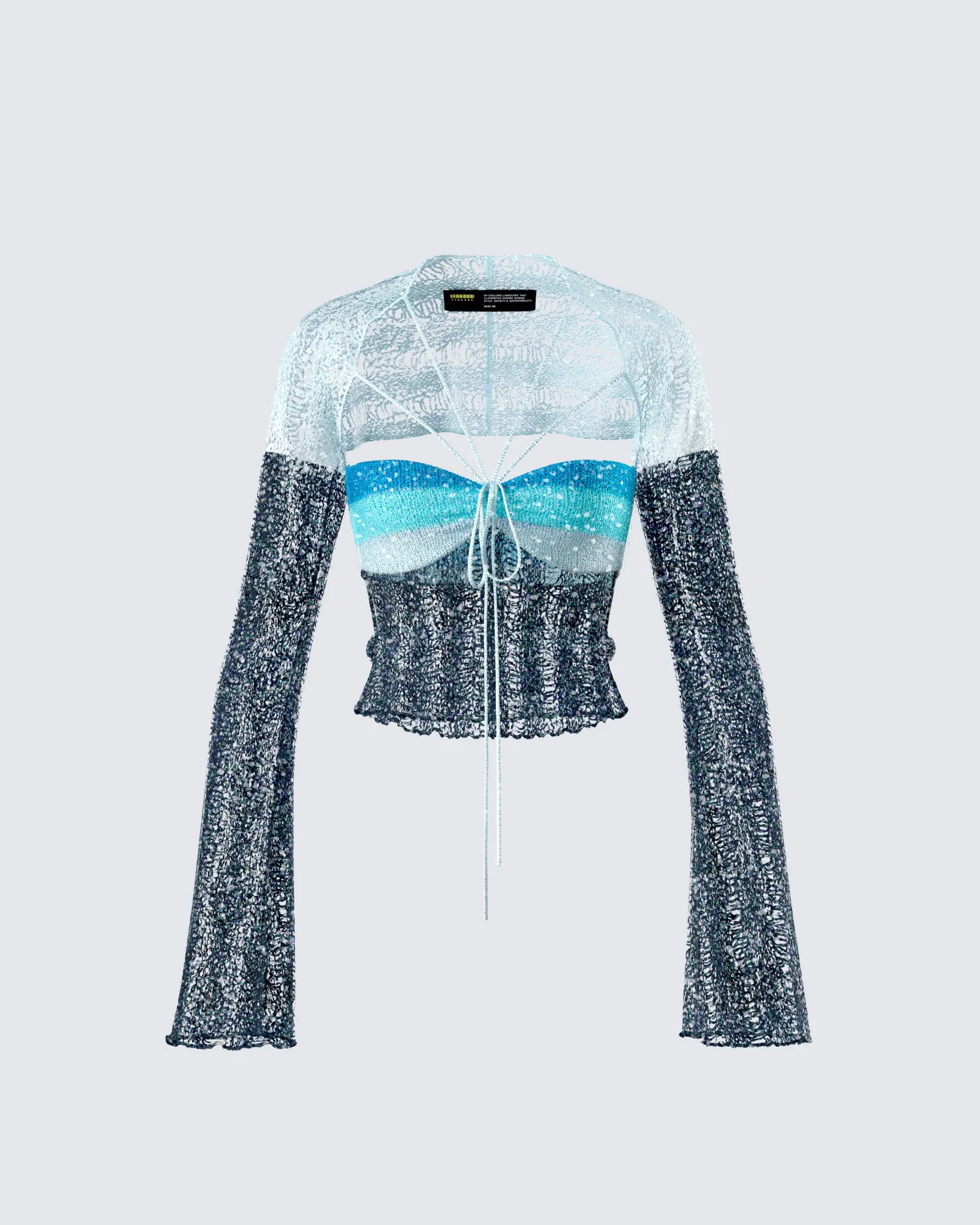 Women's Fitted Vanessa Black Sequin-Layers Lace Cropped Polyester Knit Long-Sleeve Blouse with Ribs Accent & Lace-Up Neck, Stylish Top for Casual, Evening Wear (Glitch Effect Design)