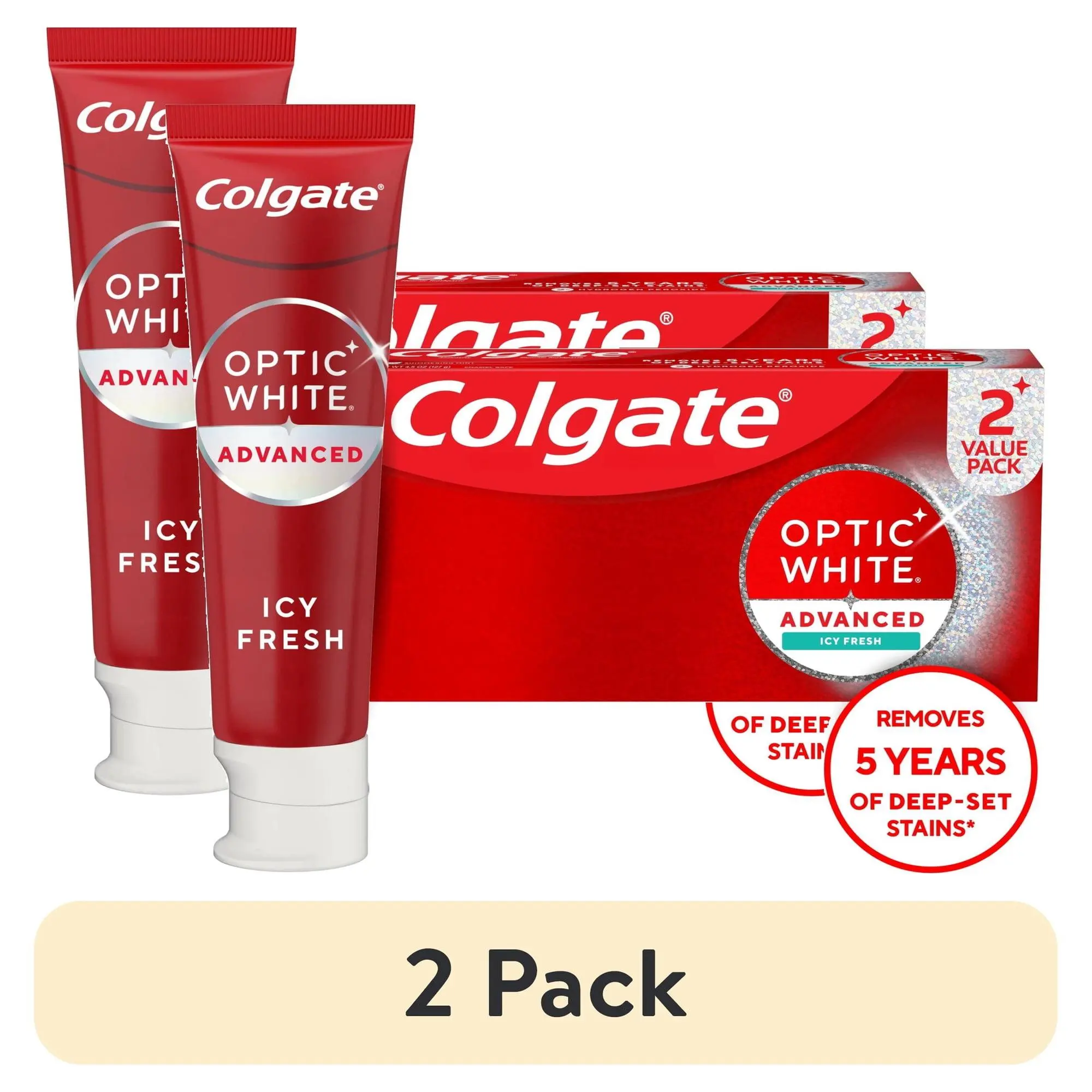 (2 pack) Colgate Optic White Advanced Icy Fresh Toothpaste with 2% Hydrogen Peroxide, Mint, 2 Pack, 4.5 OZ
