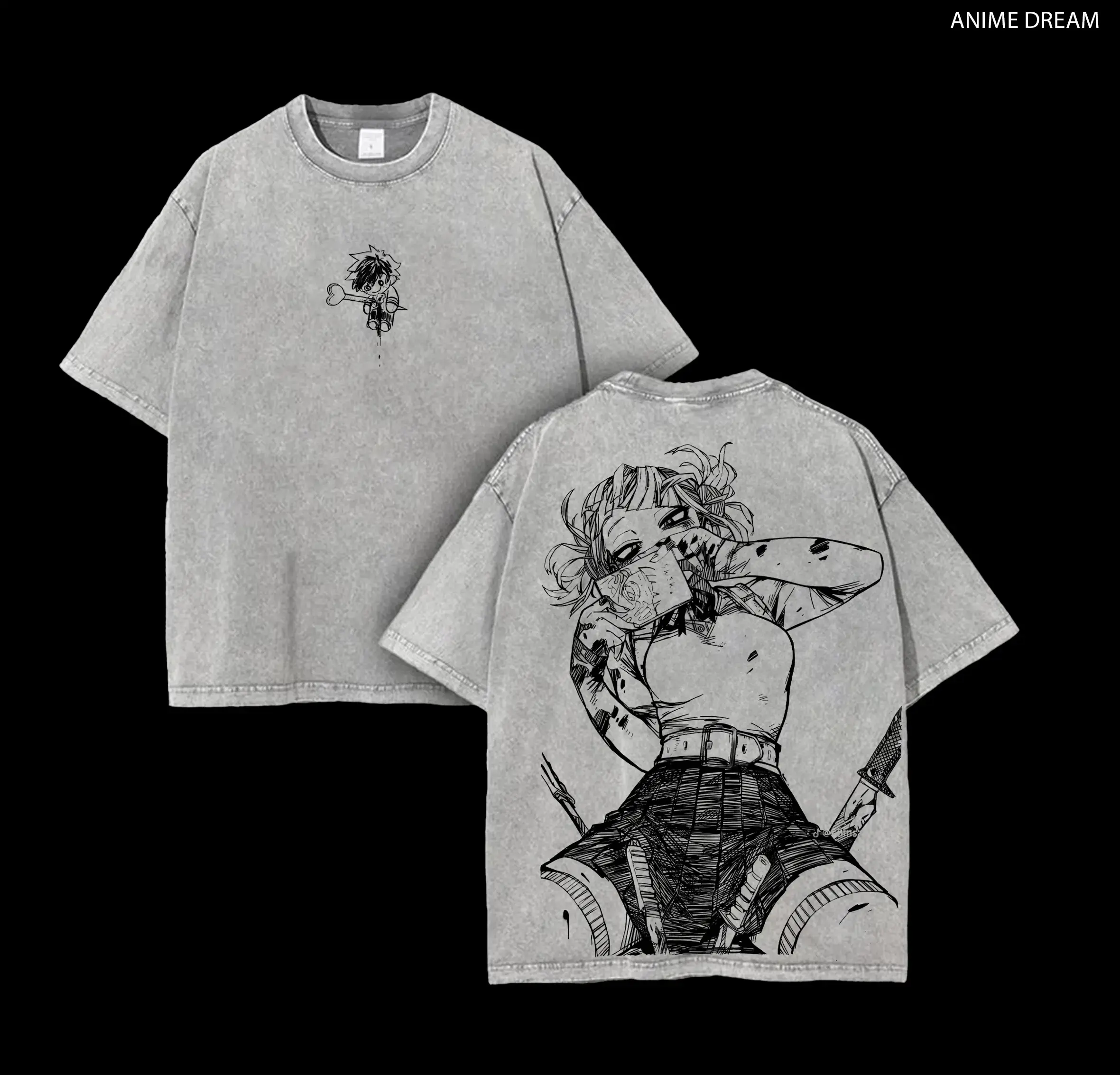 Toga Himiko My Hero Academia Anime Double Printed Vintage Washed Tee Unisex Oversize Anime Manga Washed Heavyweight Cotton T-shirt