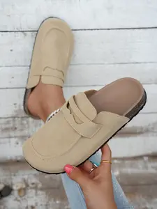 Women's Soft Sole Anti-Slip Loafers, Vintage Casual Outdoor Lazy Slippers, Textured Velvet Bread Head Half Slipper