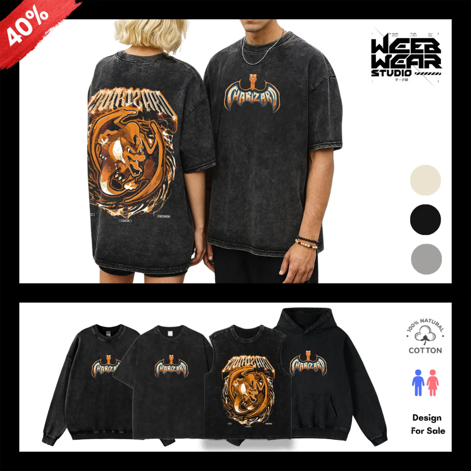Charizard - PKM Washed Streetwear Hoodie, Sweatshirt, T-Shirt & Tank Top Unisex Oversize Vintage Acid Wash Cotton Minimal Basic Outfit Casual Wear Trend