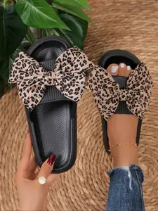 Summer Casual Leopard Print Bow Slipper, Soft Eva Material, Comfortable Indoor & Outdoor, Quiet Non-Slip, Unisex Large Size, Soft Cushioned Slippers