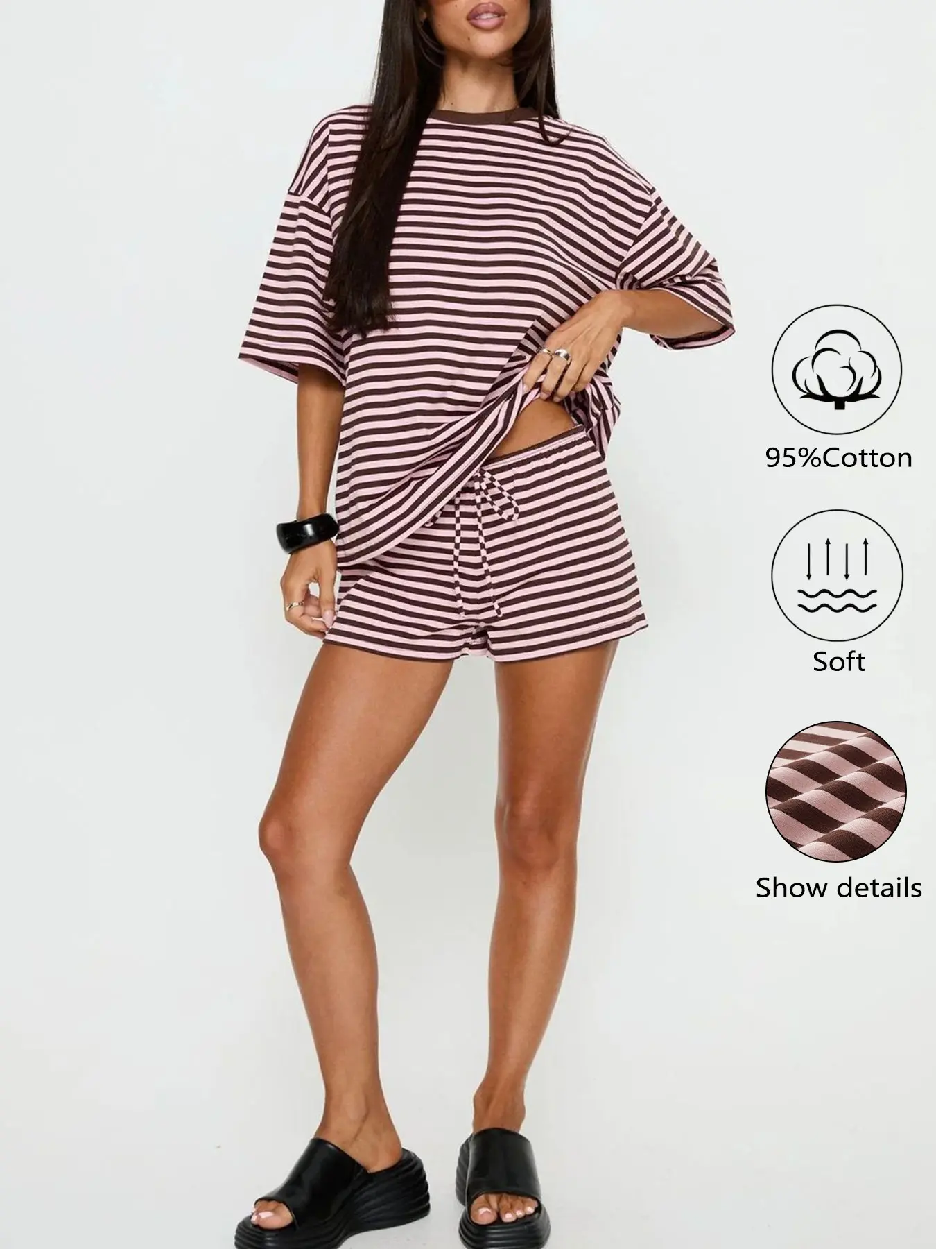 New Summer Women's 2-Piece Cotton Breathable Striped Short Sleeve T-Shirt & Shorts Set, Loose-Fitting Casual Fashion Daily Wear Bottoms