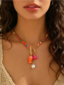Summer Ceramic Fish Starfish Fringe Pearl Bead Ot Clasp Amulet Necklace, Cute Summer Jewelry, Perfect Gift for Women and Girls