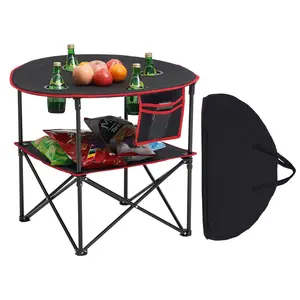 VEVOR Folding Camping Table,  Portable Outdoor Lightweight Picnic Table, 600D Oxford Fabric Waterproof Canvas Travel Beach Tables, with 4 Cup Holders, Carry Bag, for Tailgating Camping Picnic, Black