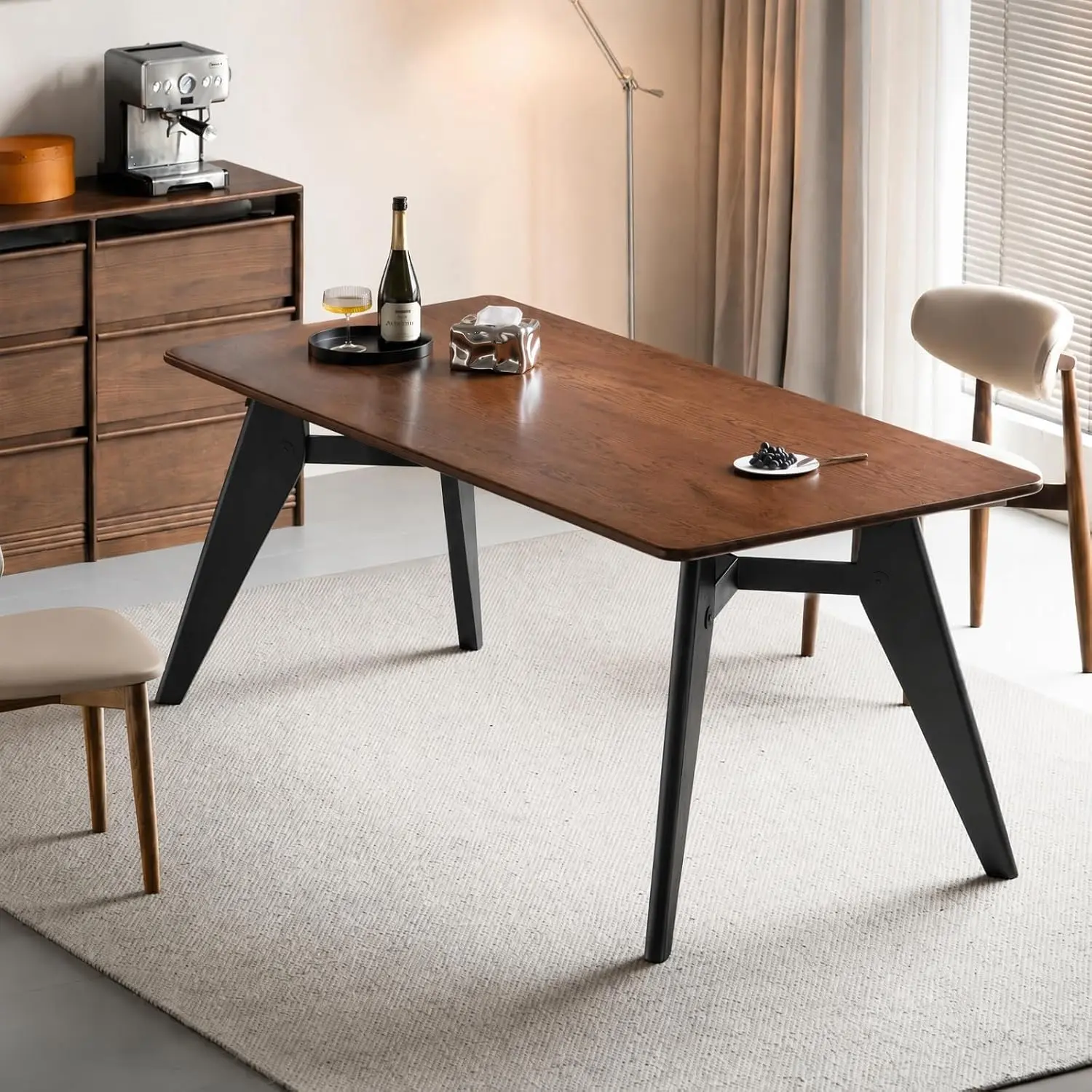 YESWOOD Solid Oak Wood Dining Table, 63" Kitchen Table for 4-6, Black Legs | Wooden Dinner Table with a Spacious Tabletop, 4 Sturdy Legs for Dining Room, Living Room and Office, Walnut+ Black